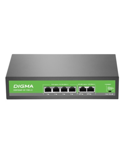 DSP204F-2F-T80 DSP204F-2F-T80 V1 (L2) 6х100Мбит/с 4PoE 4PoE+ 80W. Коммутатор с питанием по PoE. Digma в Черкесске