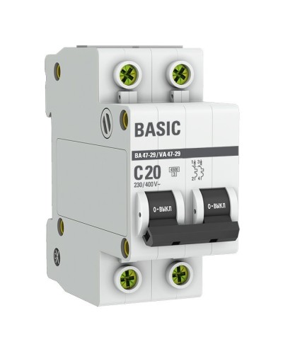 Автоматический выключатель 2P 20А (C) 4,5кА ВА 47-29 Basic (mcb4729-2-20C). Автоматический выключатель. EKF в Черкесске