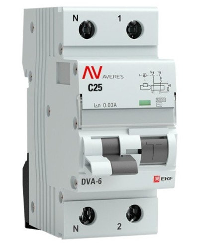 DVA-6 1P+N 25А (C) 30мА (AC) 6кА  AVERES (rcbo6-1pn-25C-30-ac-av). Автоматический выключатель дифференциального тока. EKF в Черкесске