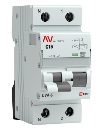 DVA-6 1P+N 16А (C) 30мА (A) 6кА  AVERES (rcbo6-1pn-16C-30-a-av). Автоматический выключатель дифференциального тока. EKF в Черкесске