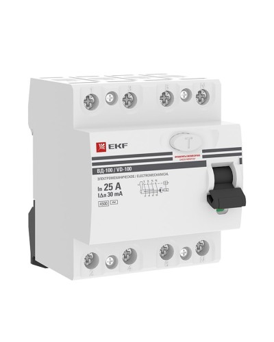 УЗО ВД-100 4P 25А 30мА тип AC эл-мех  PROxima (elcb-4-25-30-em-pro). Выключатель дифференциального тока (УЗО). EKF в Черкесске