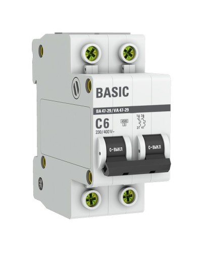 Автоматический выключатель 2P 6А (C) 4,5кА ВА 47-29 Basic (mcb4729-2-06C). Автоматический выключатель. EKF в Черкесске