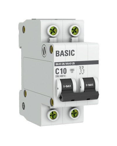 Автоматический выключатель 2P 10А (C) 4,5кА ВА 47-29 Basic (mcb4729-2-10C). Автоматический выключатель. EKF в Черкесске