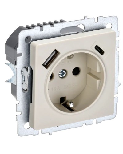 Розетка с з/к с USB A+C 18Вт РЮш11-1-БрКр бежевый BRITE (BR-R14-16-U22-018-K10). Розетка с заземлением с защитными шторками, 18Вт. IEK в Черкесске