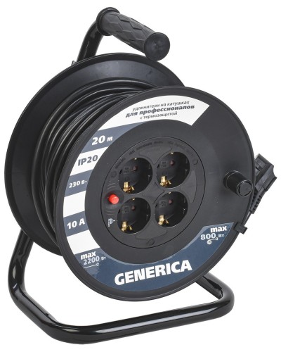 УК20 4 места 2P+PE, 20м GENERICA (WKP10-10-04-20-G). Удлинитель на катушке с термозащитой, 3х1,0кв.мм. IEK в Черкесске