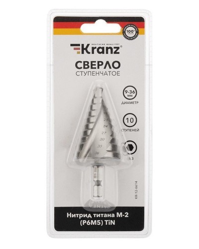Сверло по металлу ступенчатое ТИТАН 9,0-36,0 мм 110 mm 65 HRC Р6М5 TiN Kranz (KR-12-6614): Сверло по металлу шлифованное в Черкесске